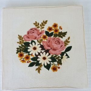 Embroidered Floral Wall Hanging 13" Square Handmade Roses Pink Cottagecore